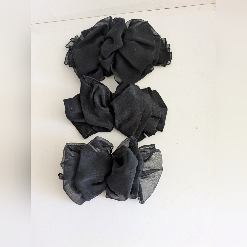 Riviera Oversized Silky Ruffle Hair Barrette Bows Trio Women Accessories Black